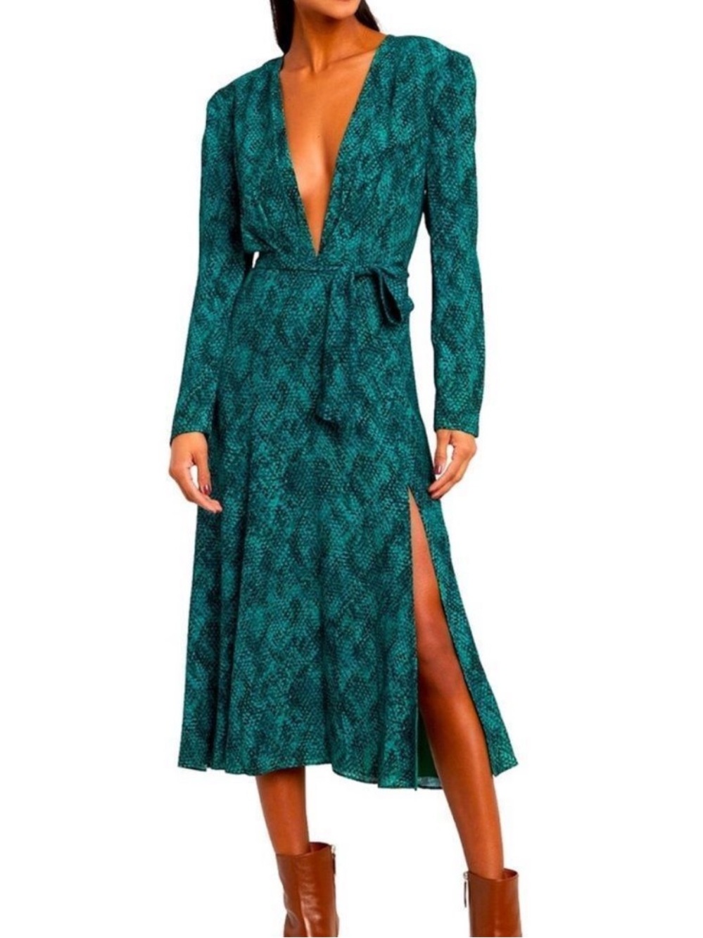FAME AND PARTNERS Leuven Snake Print Deep V Midi Dress Green Size 6